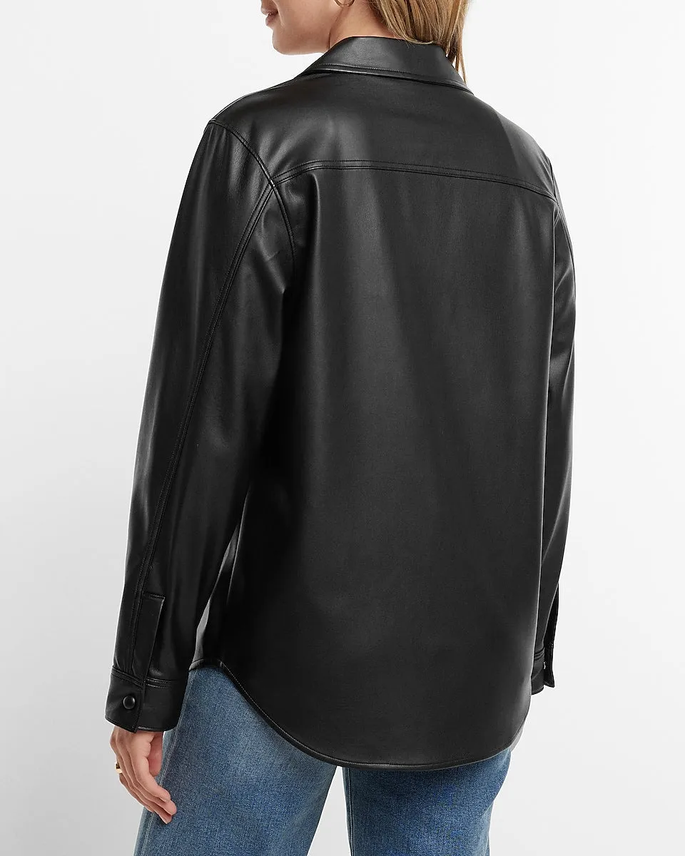 Faux Leather Drop Shoulder Oversized Shacket in Pitch Black