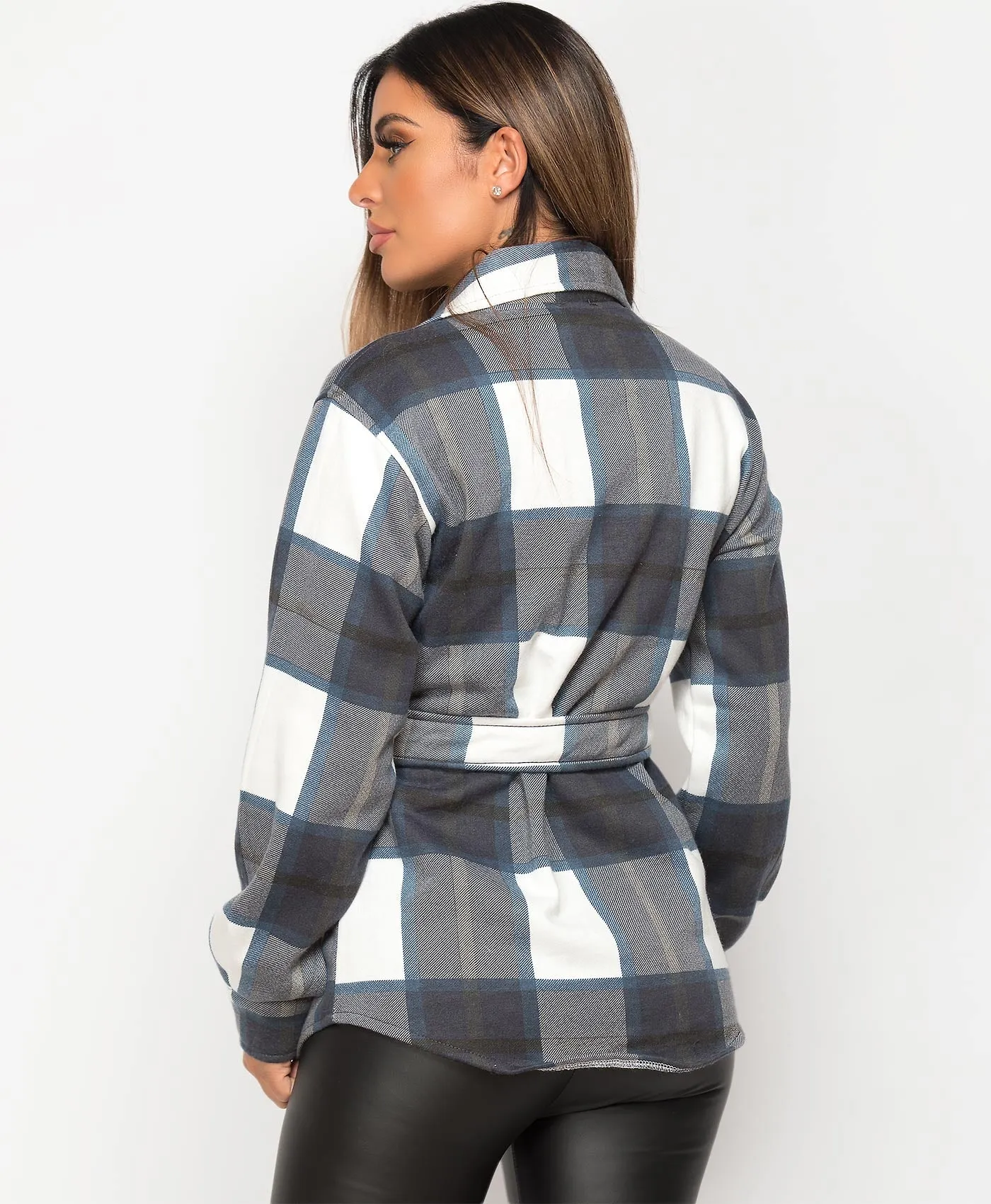 Fleece Oversized Belted Check Shirt Shacket