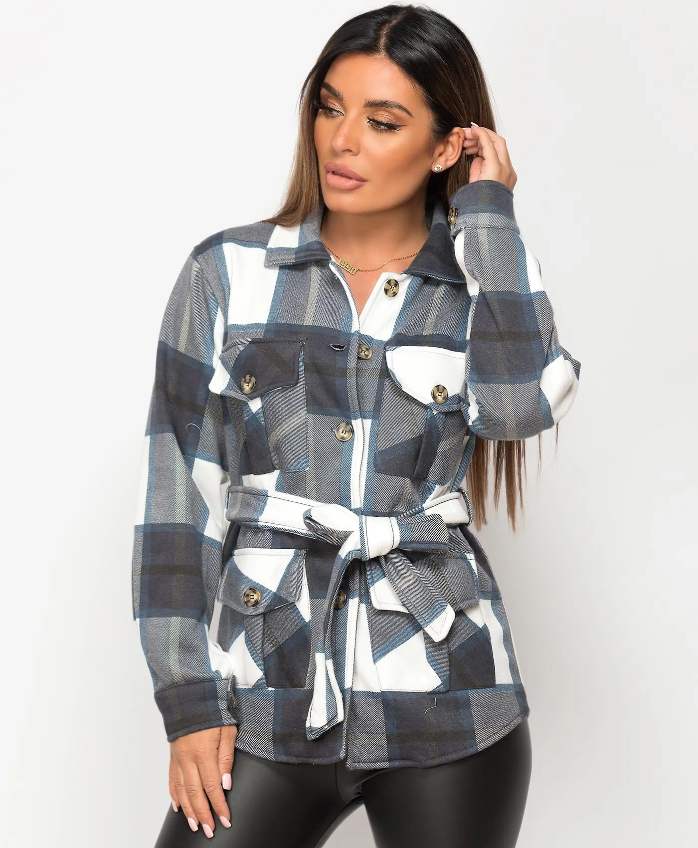 Fleece Oversized Belted Check Shirt Shacket