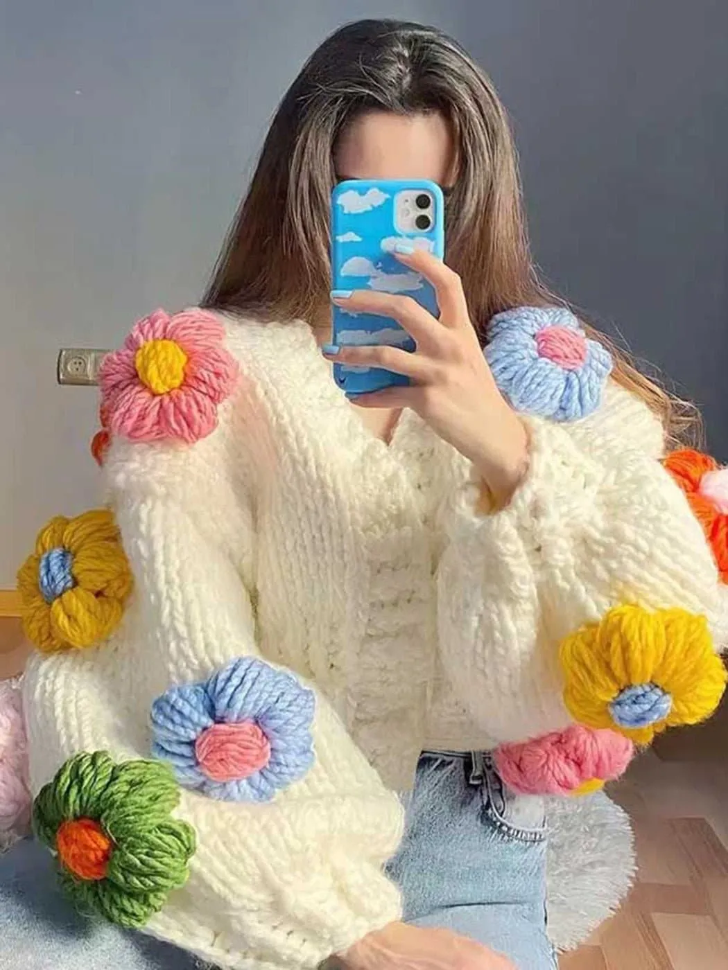 Floral Knitted Cozy Winter Sweater - Warm Loose Bohemian Style