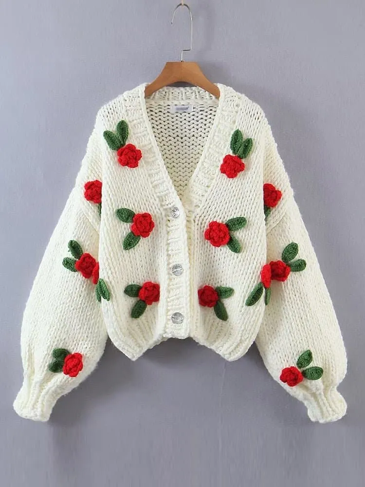 Floral Knitted Cozy Winter Sweater - Warm Loose Bohemian Style