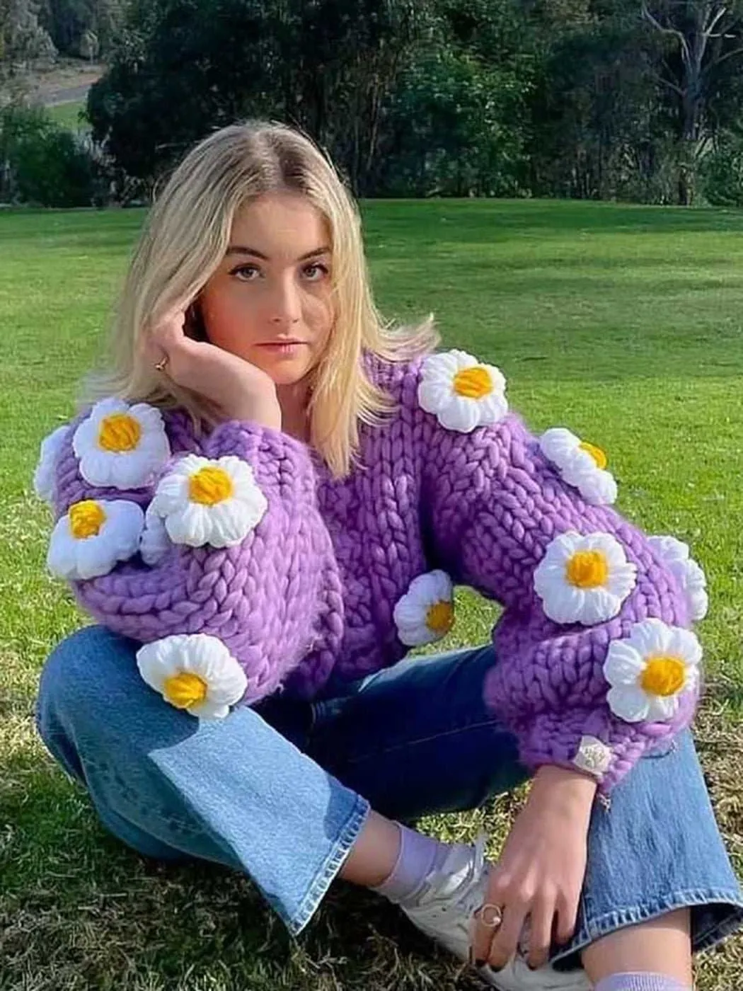 Floral Knitted Cozy Winter Sweater - Warm Loose Bohemian Style