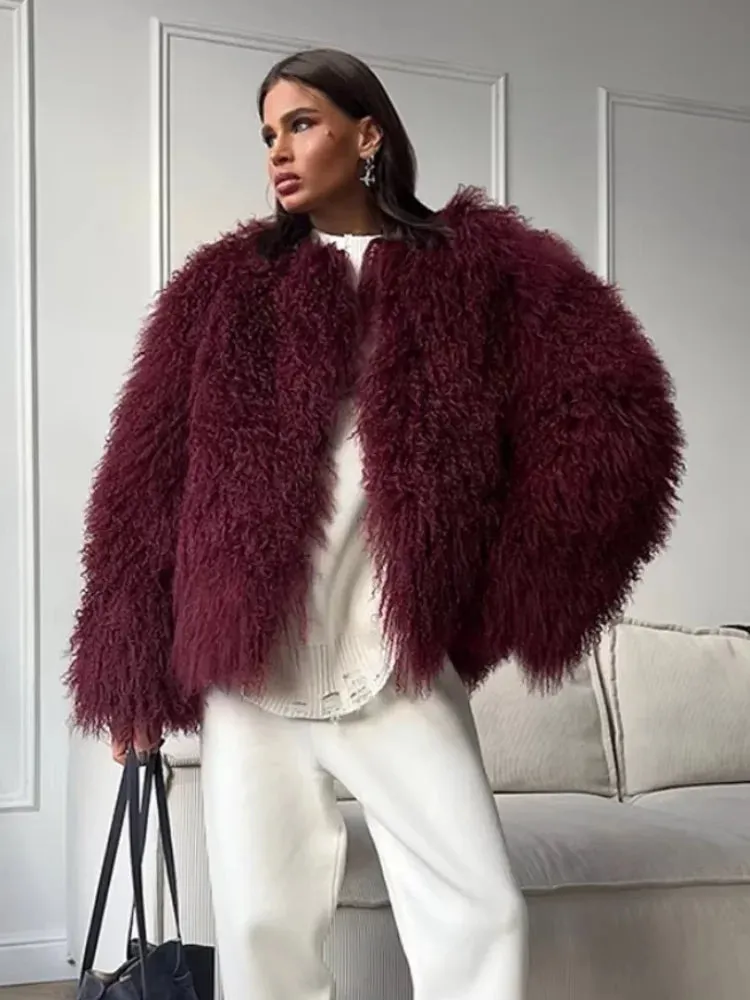 Flytonn-Christmas Thanksgiving Gift New Year's Eve Casual Outfits Chic O Neck Fluffy Full Sleeves Warm Faux Fur Coat Retro Solid Color Loose Cardigan Jacket New Winter Woman High Street Wear