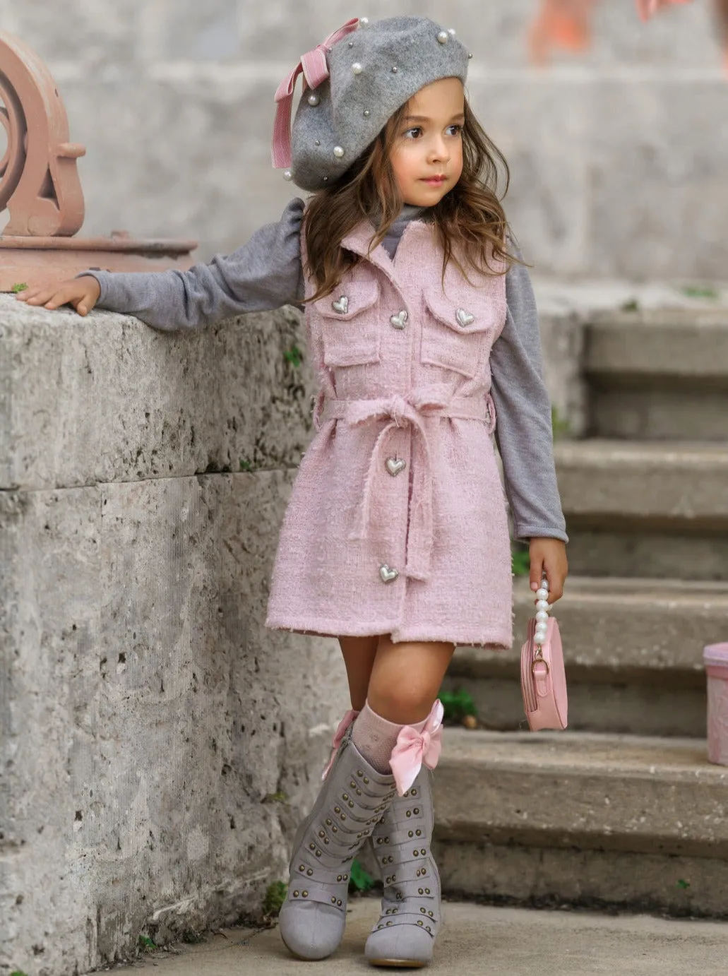 Forever Chic Grey Turtleneck and Belted Pink Tweed Shacket Dress Set