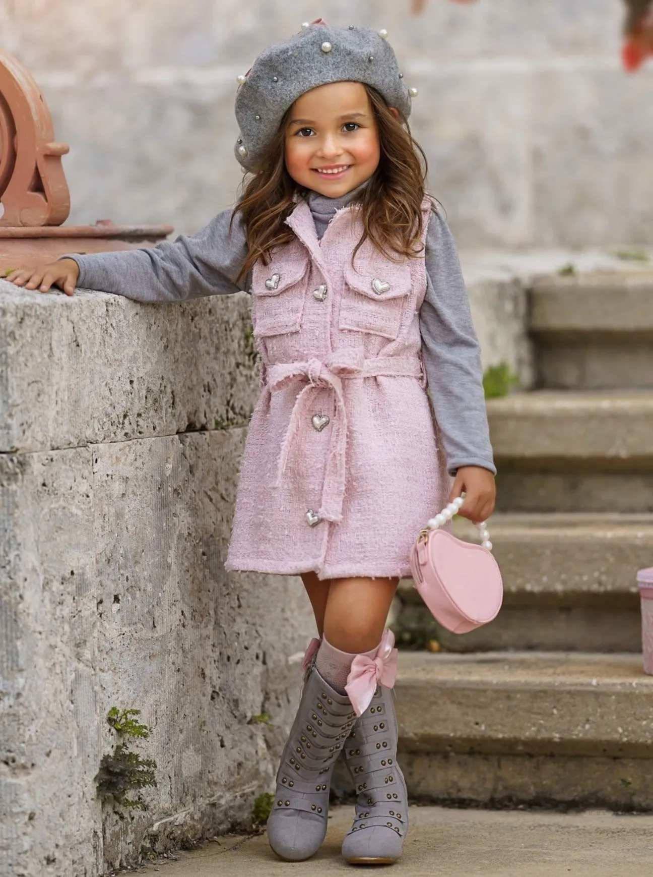 Forever Chic Grey Turtleneck and Belted Pink Tweed Shacket Dress Set