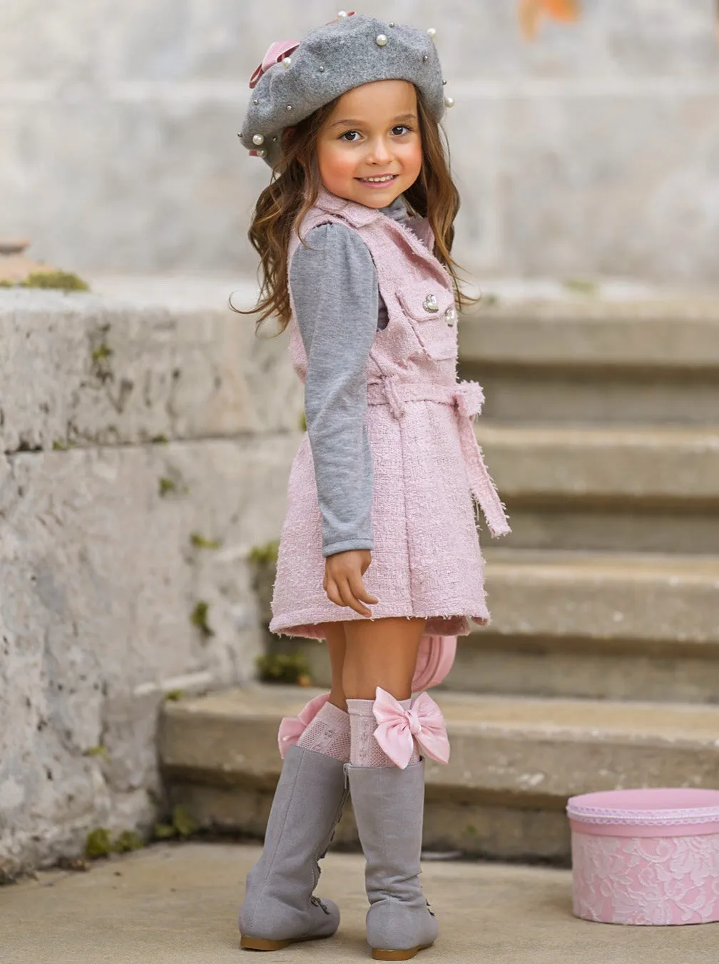 Forever Chic Grey Turtleneck and Belted Pink Tweed Shacket Dress Set