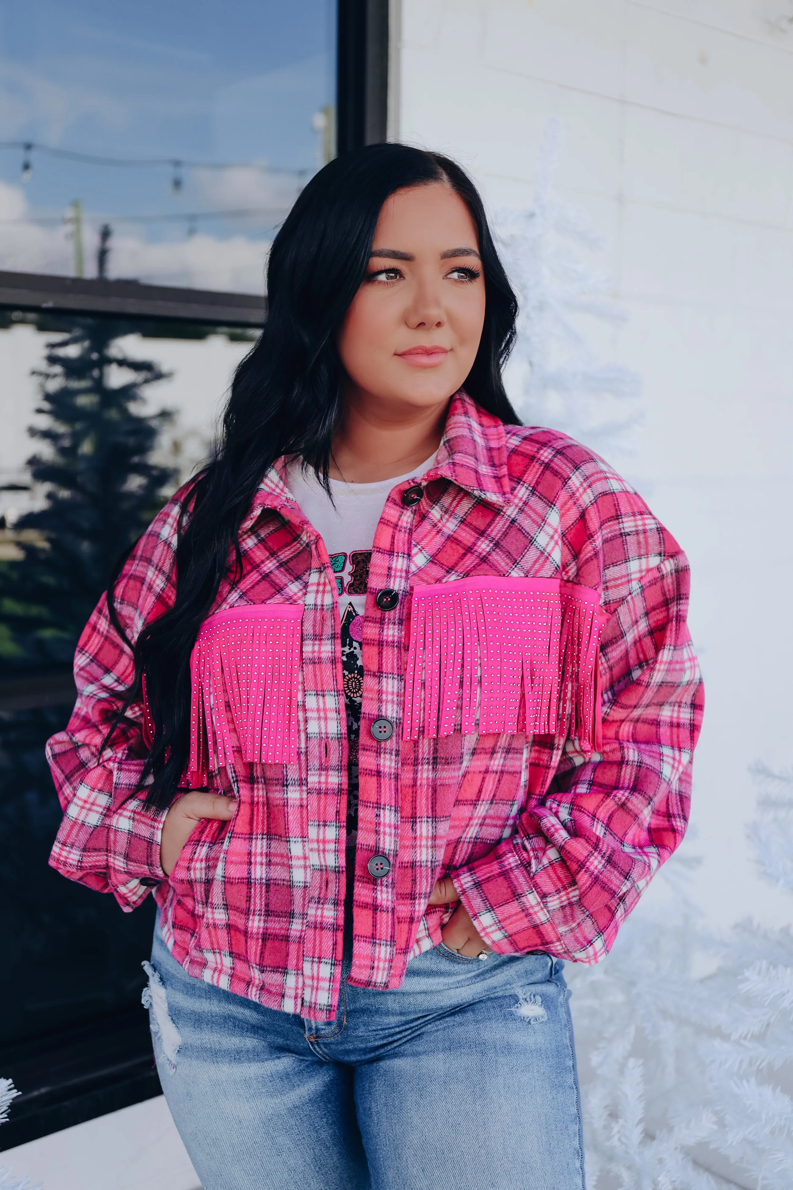 Fringe And Flannel Cropped Shacket - Pink