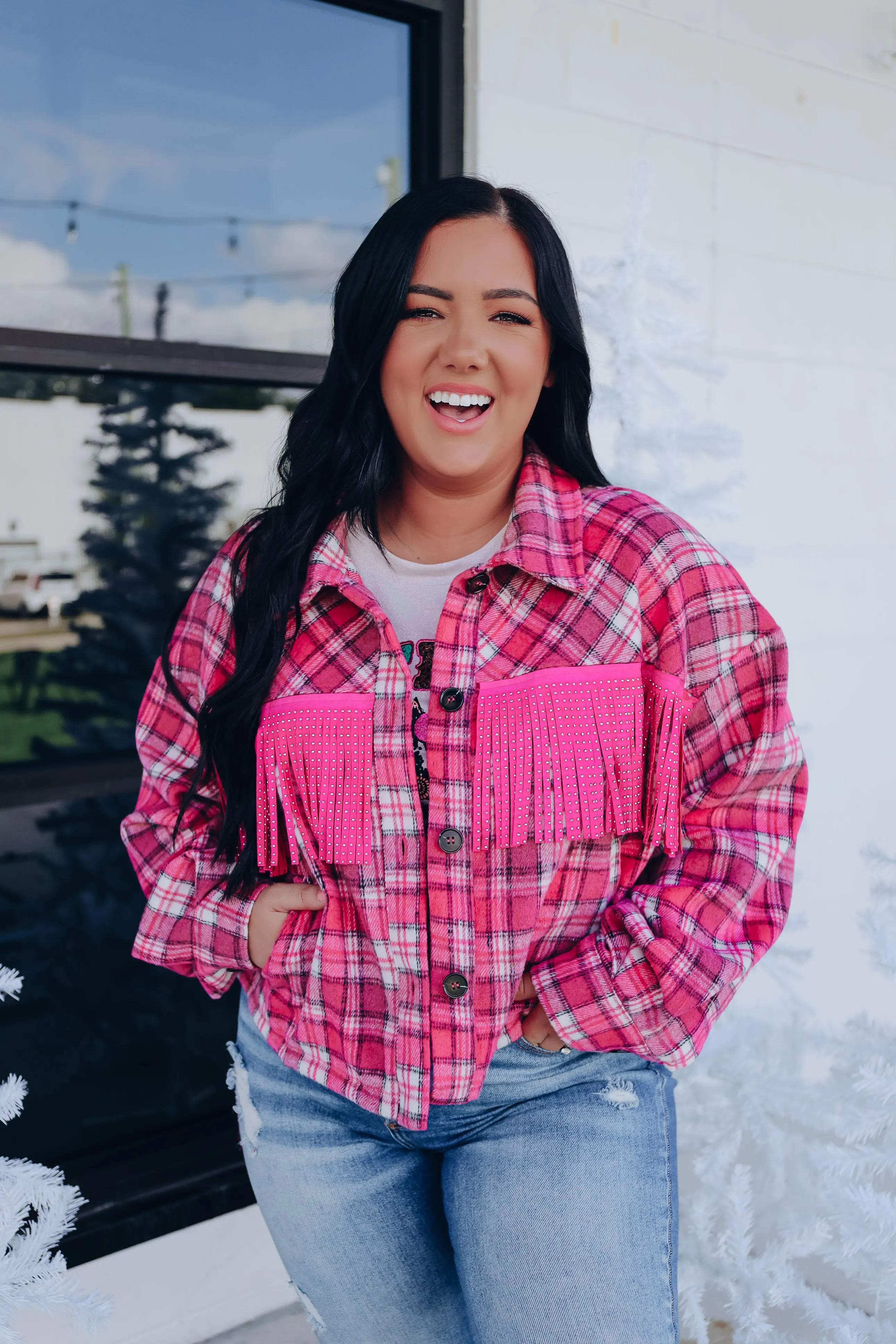 Fringe And Flannel Cropped Shacket - Pink