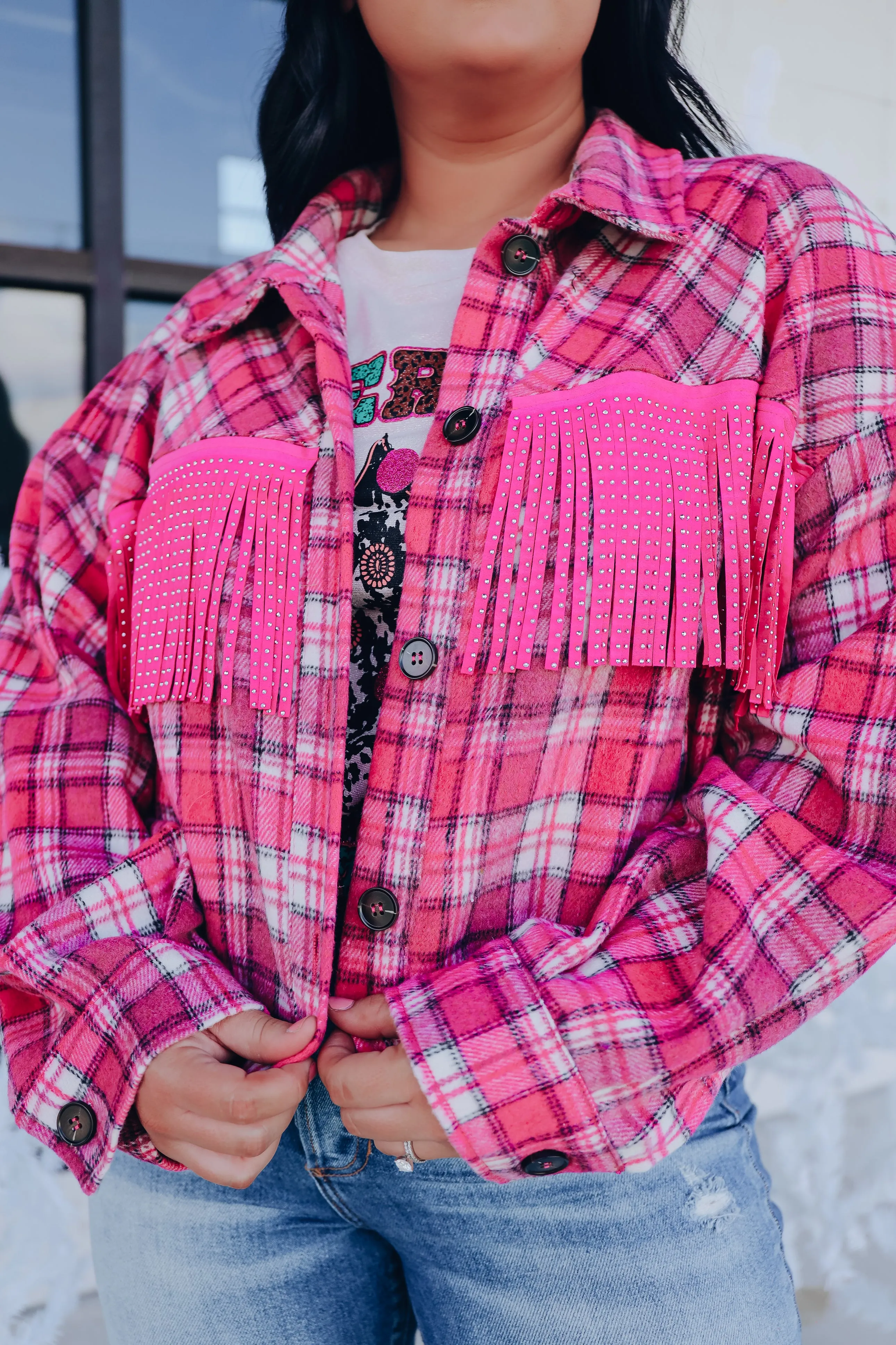 Fringe And Flannel Cropped Shacket - Pink