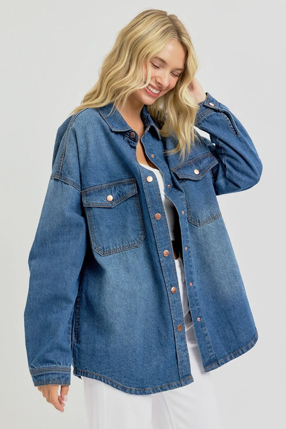 Full Size Snap Down Long Sleeve Denim Shacket