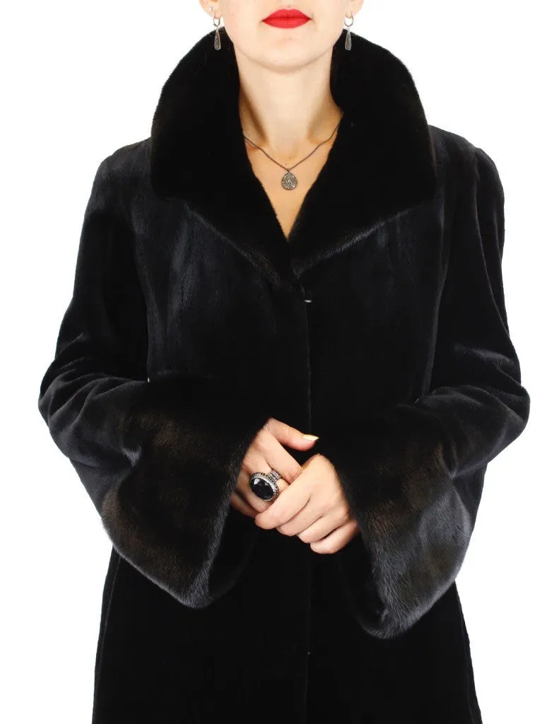 FULLY LET OUT BLACK SHEARED MINK & UNSHEARED BLACKGLAMA MINK FUR 7/8 COAT