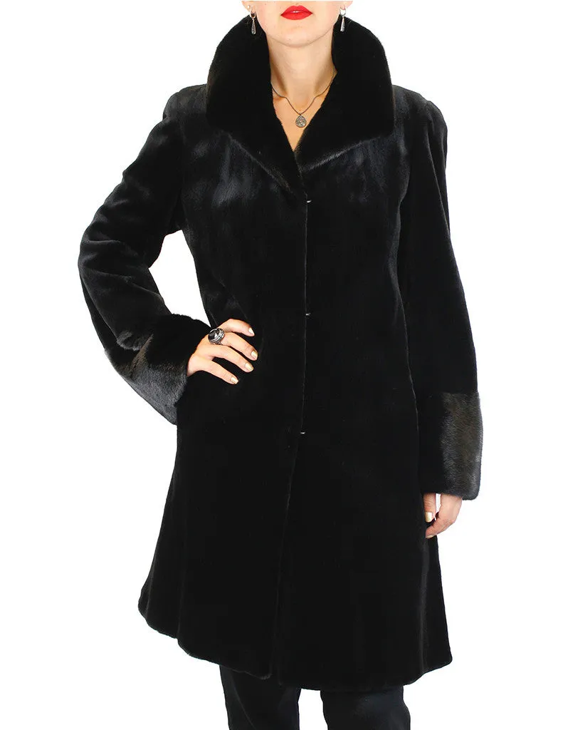 FULLY LET OUT BLACK SHEARED MINK & UNSHEARED BLACKGLAMA MINK FUR 7/8 COAT