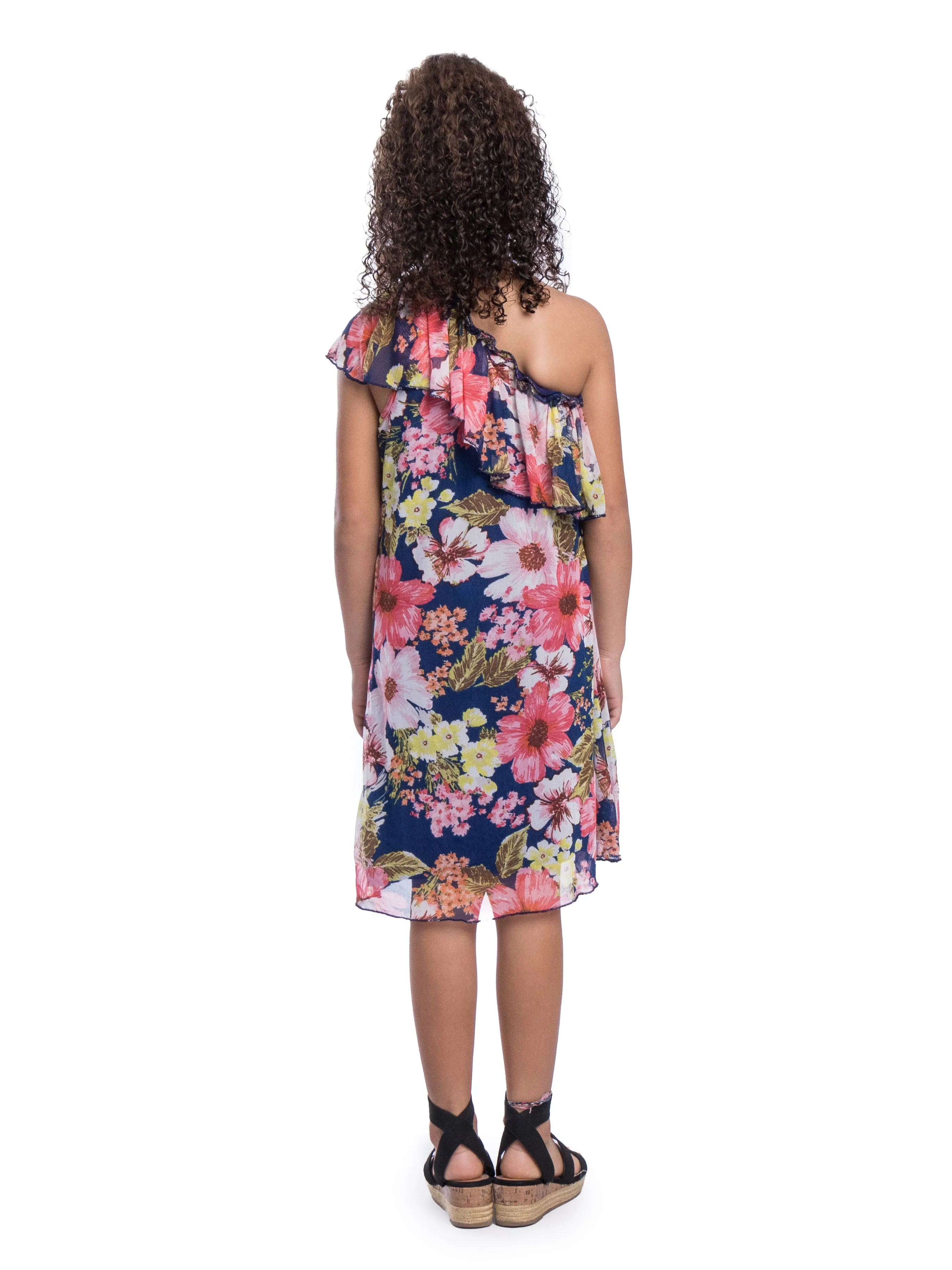 Girls Blue Floral One Shoulder Ruffle Knee Length Dress