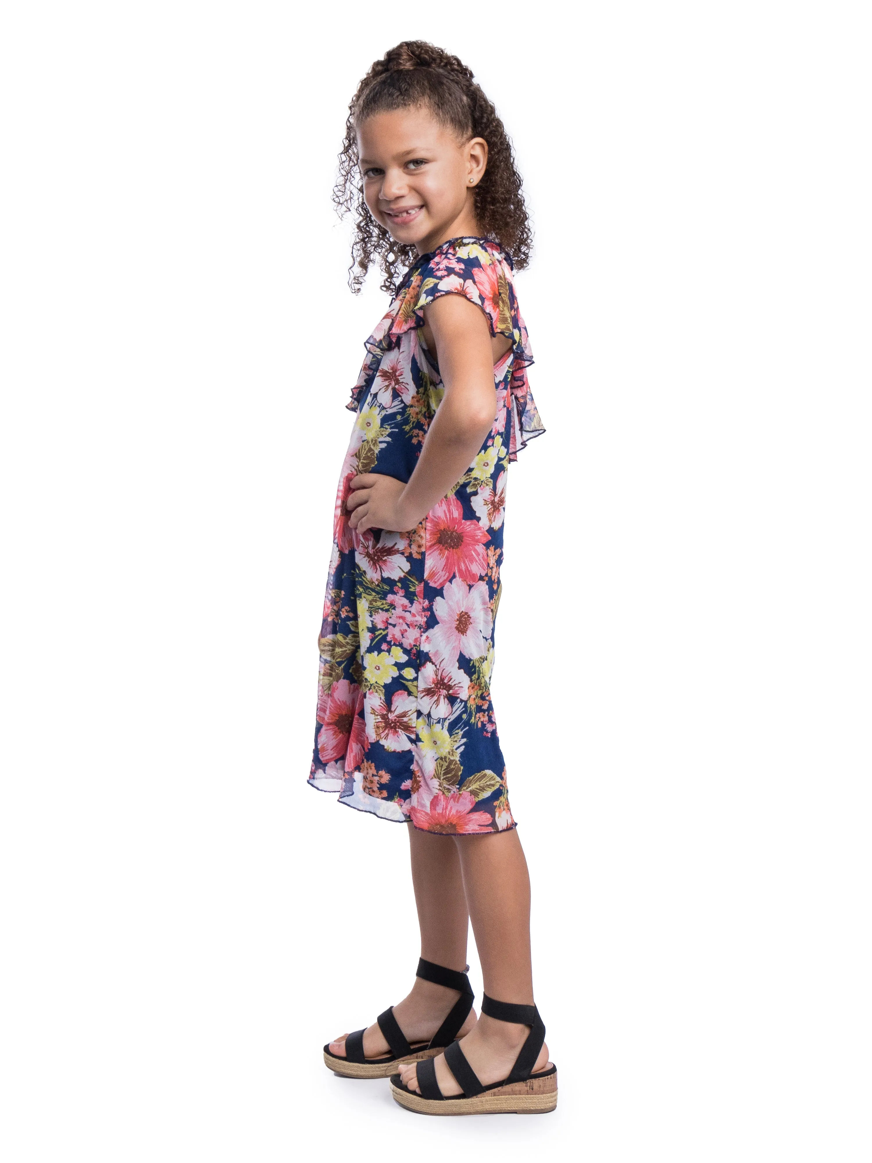 Girls Blue Floral One Shoulder Ruffle Knee Length Dress