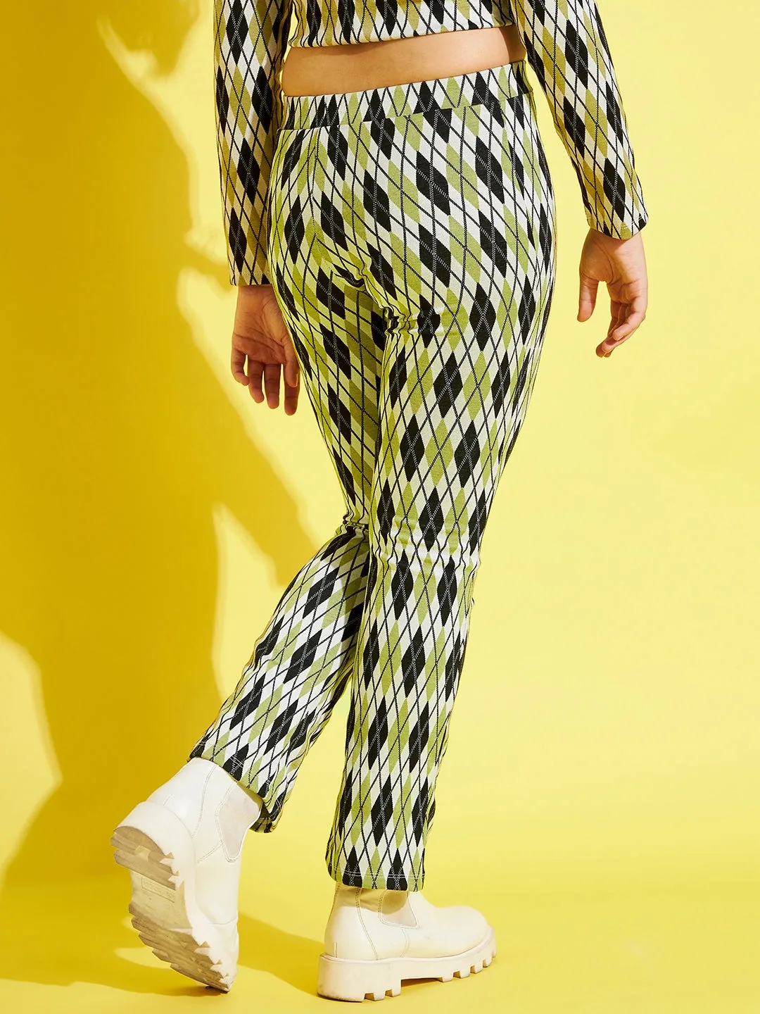 Girls Green & Black Geometric Print Bell Bottom Pants