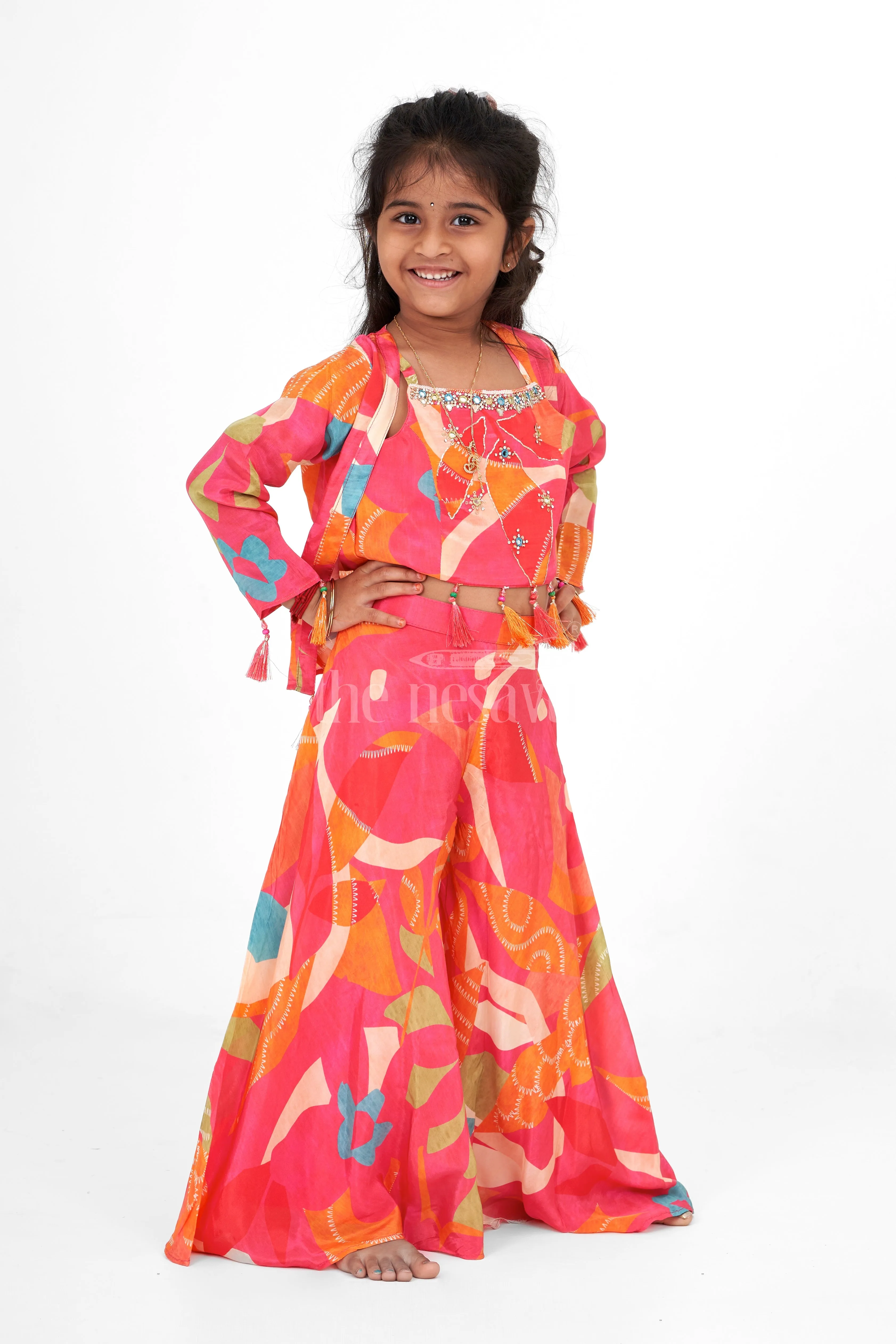 Girls Muslin Silk Multi-color Palazzo Sharara Set with Cape Vibrant Festive Outfit