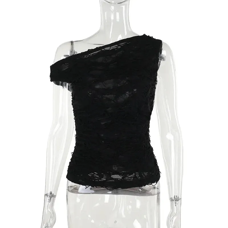 Gothic Sexy Hollow Out Mesh Black Slim Soft Velvet Summer Turtleneck Crop Top