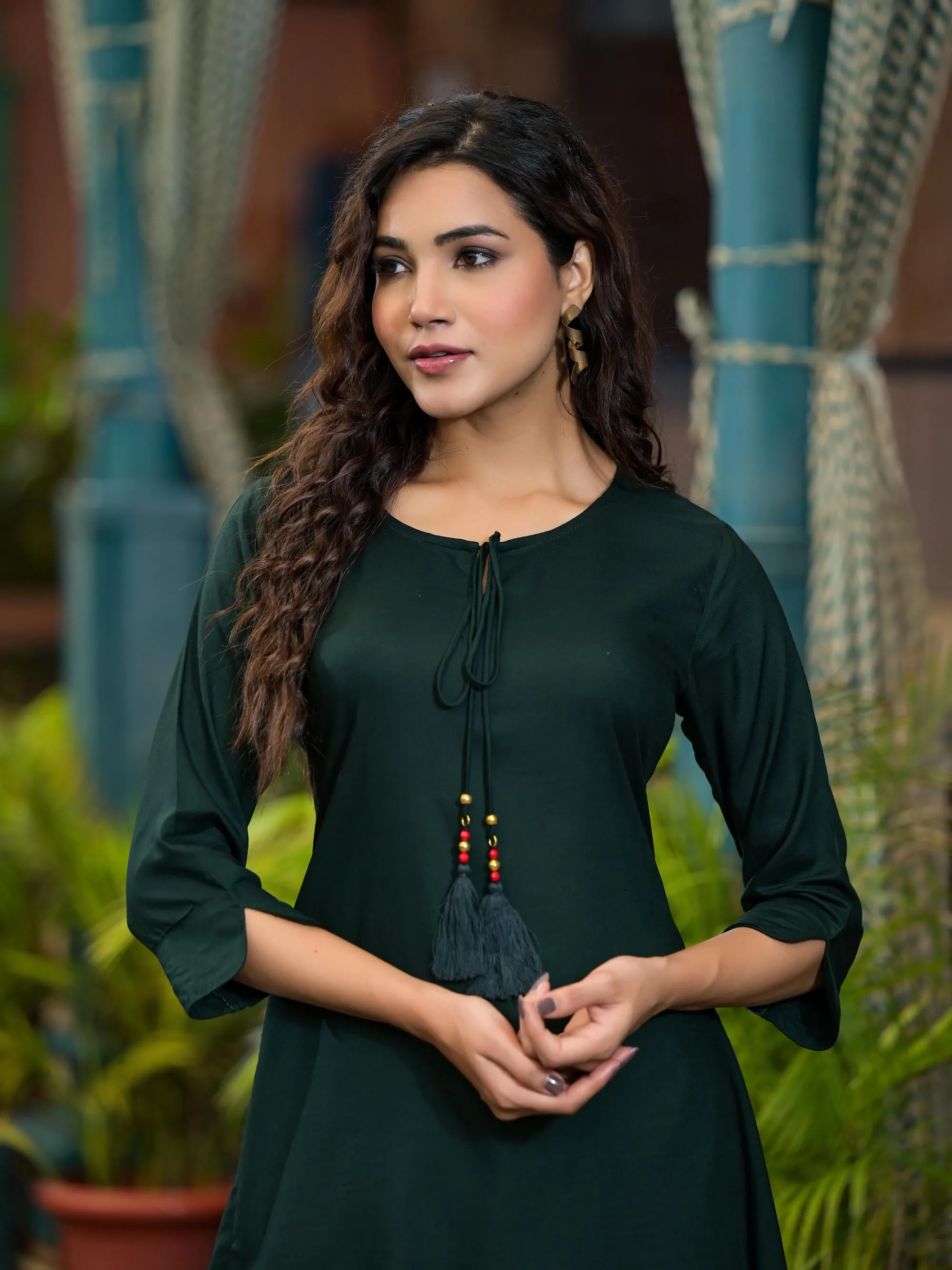 Green Liva Rayon Slub Tunic With Beads & Doris