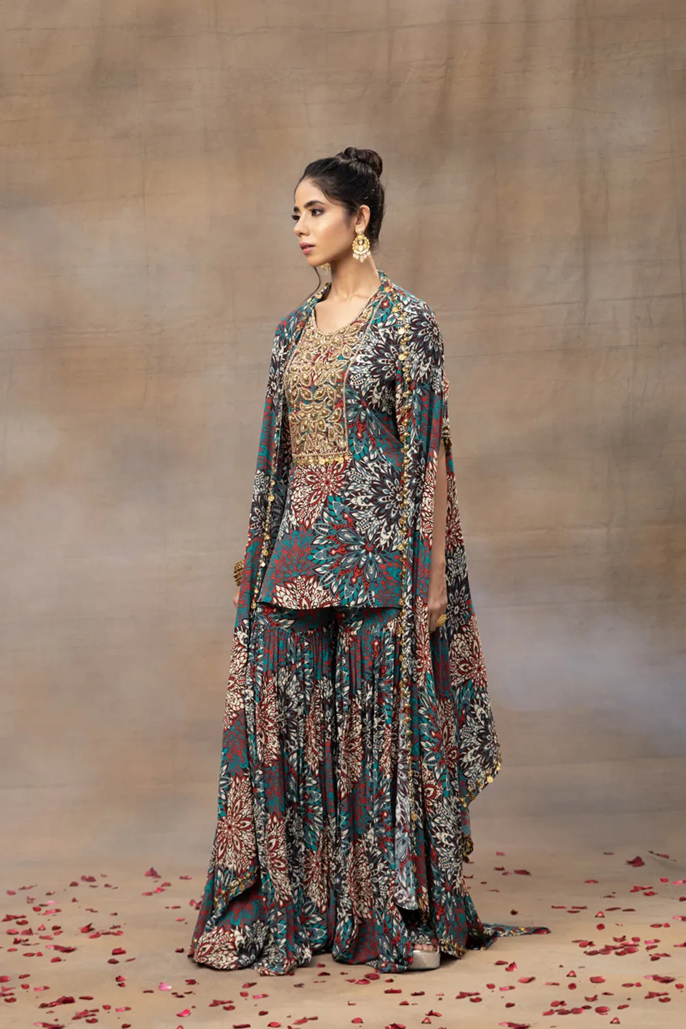 Green Printed Embroidered Short Kurta, Sharara And Cape Set