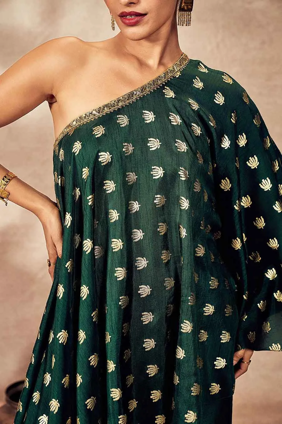 Green Printed One-Shoulder Tunic & Pant Set