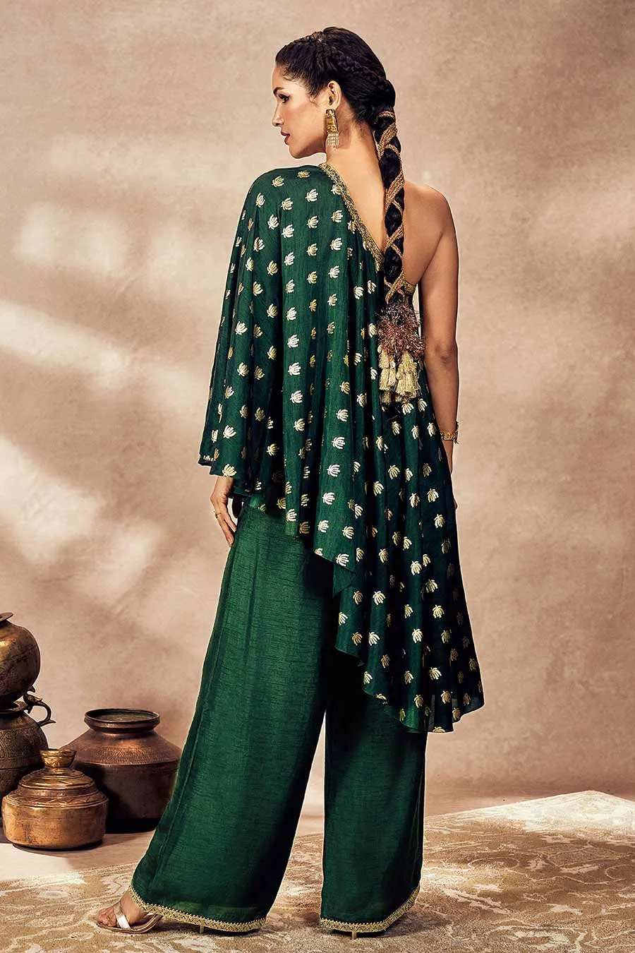 Green Printed One-Shoulder Tunic & Pant Set