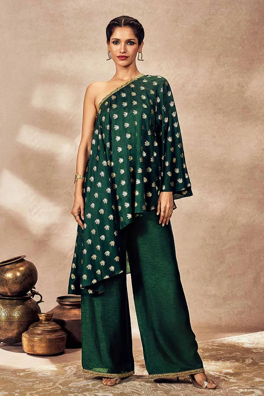 Green Printed One-Shoulder Tunic & Pant Set