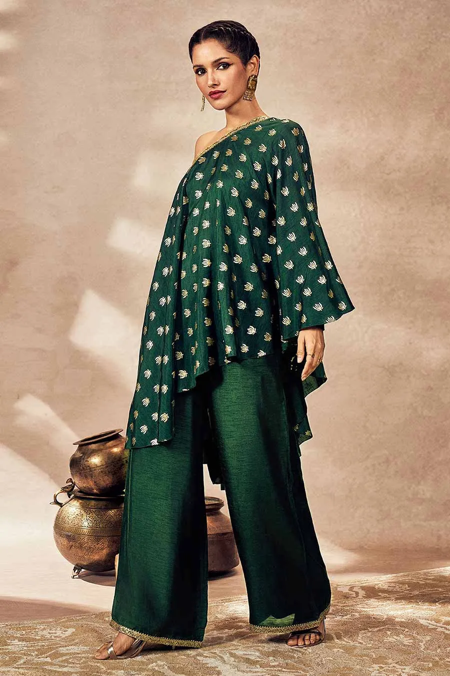 Green Printed One-Shoulder Tunic & Pant Set