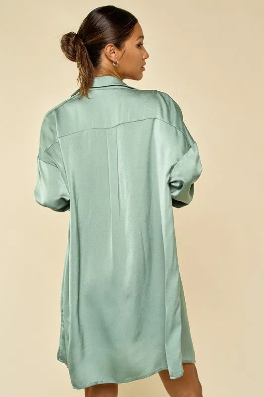 Green Satin Slip On Dress And Shirt Set