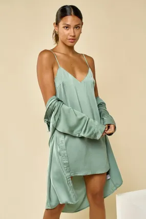 Green Satin Slip On Dress And Shirt Set