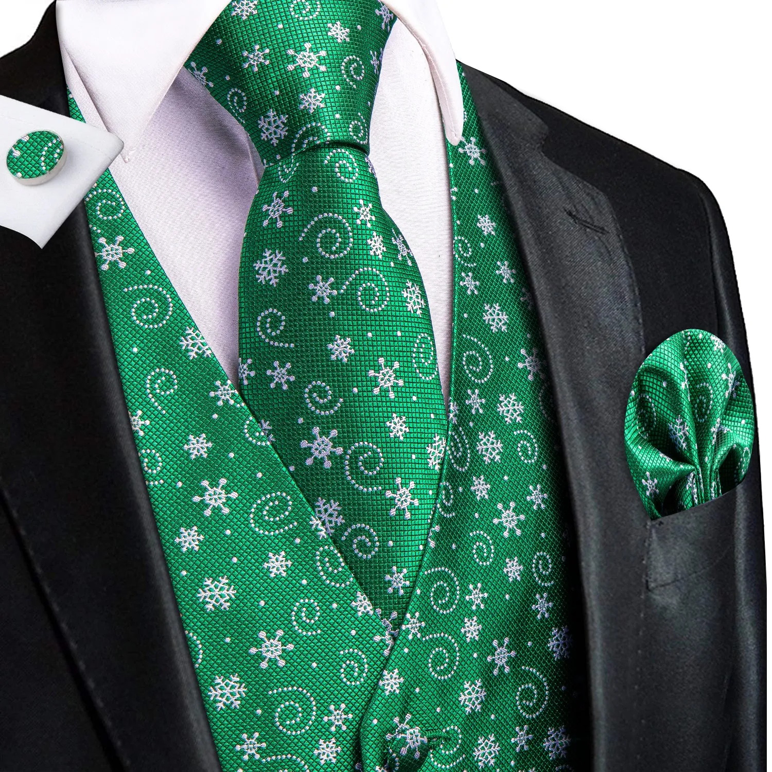 Green White Snowflake Novelty Jacquard Silk Men's Vest Hanky Cufflinks Tie Set