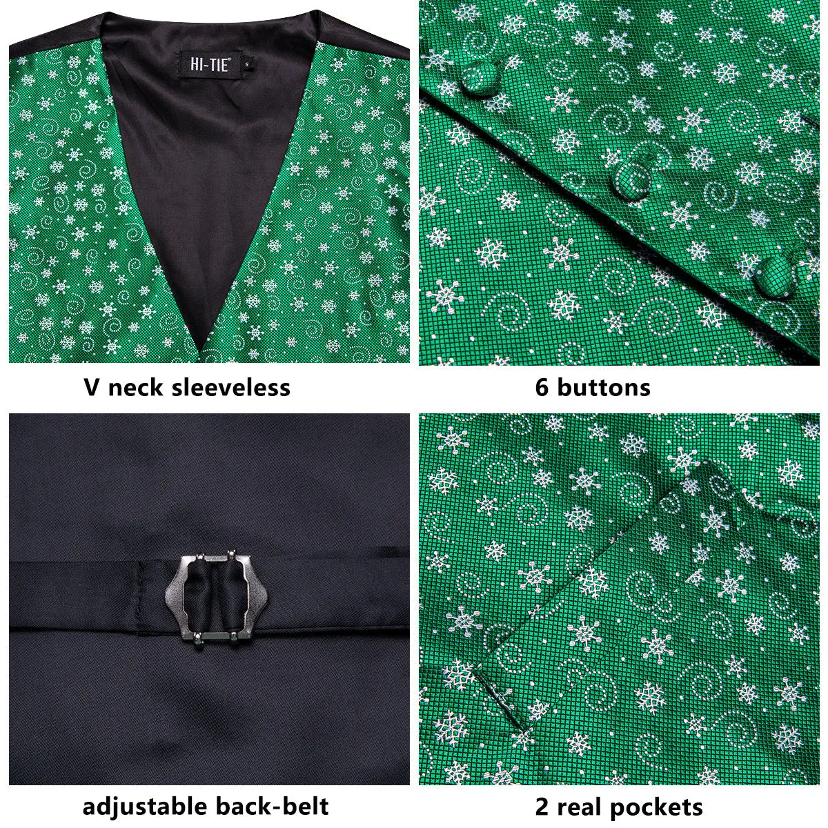 Green White Snowflake Novelty Jacquard Silk Men's Vest Hanky Cufflinks Tie Set