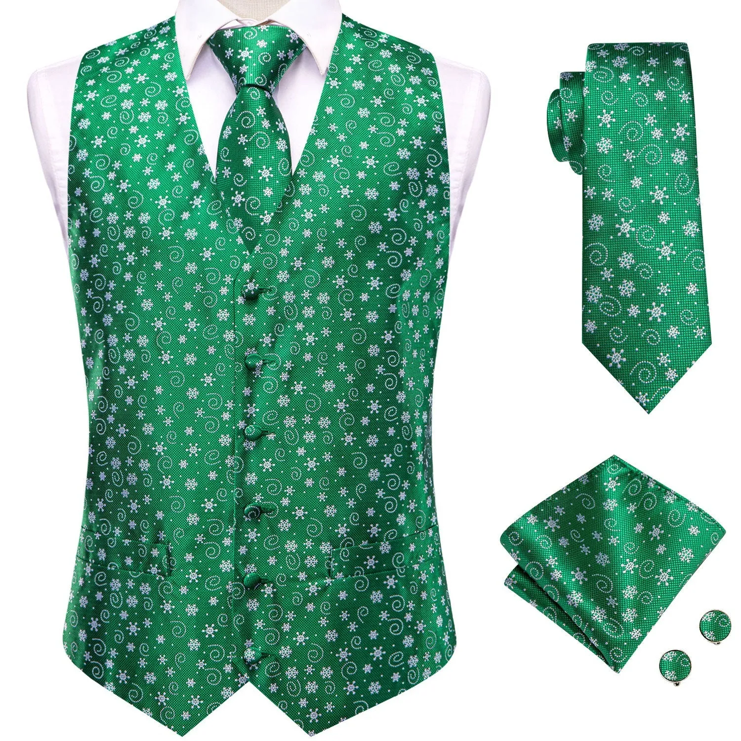 Green White Snowflake Novelty Jacquard Silk Men's Vest Hanky Cufflinks Tie Set