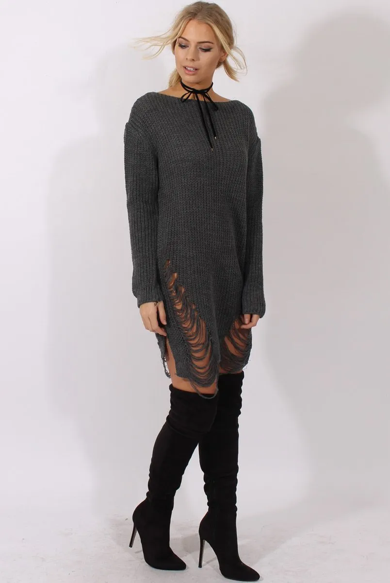 Grey Distressed Jumper Dress - Kim