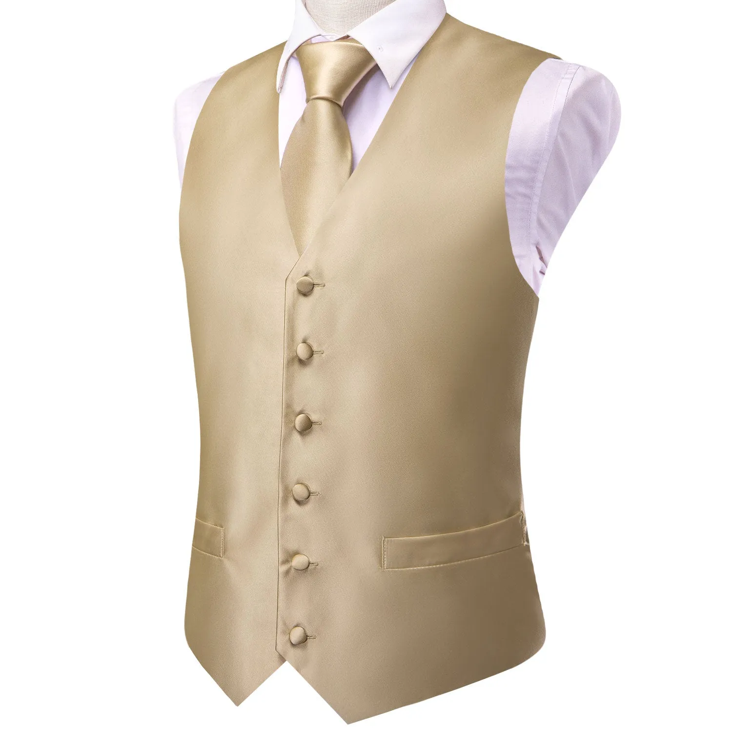 Hi-Tie Champagne Vest Solid Men's Waistcoat Tie Hanky Cufflinks Set