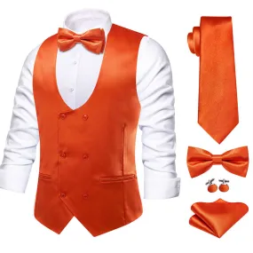 Hi-Tie Light Orange Solid U-Neck Double-Breasted Vest Set