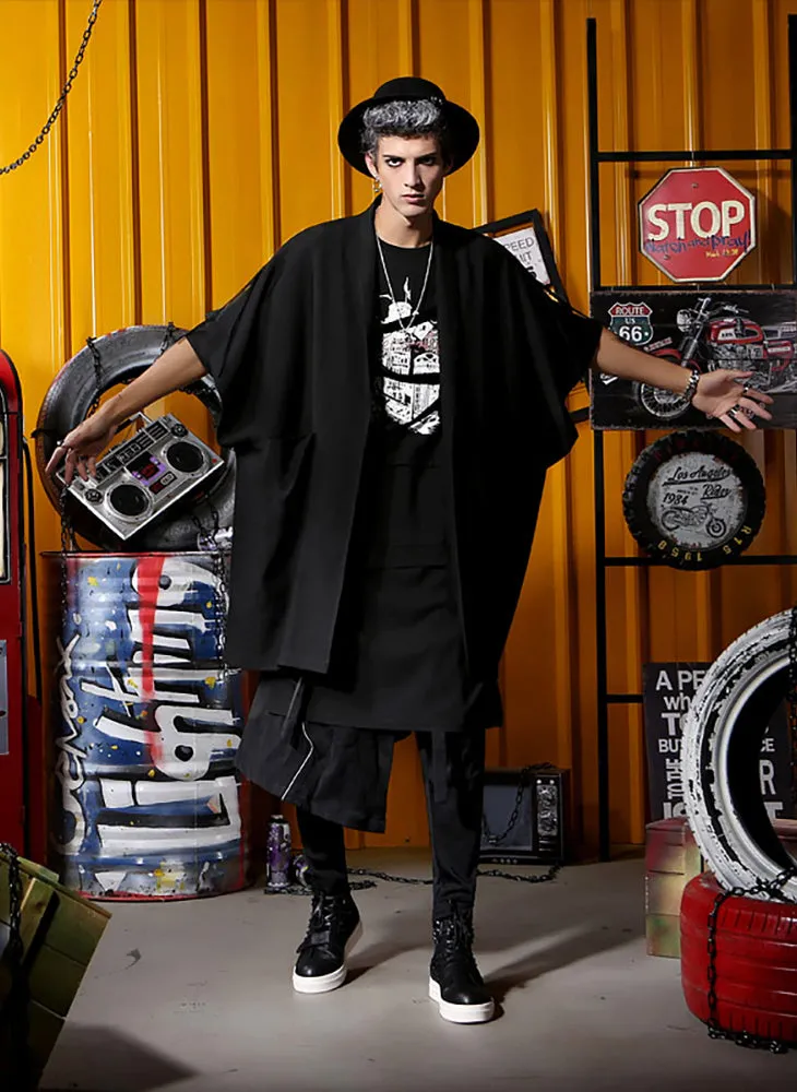 Hip Hop Black Letter Pattern Print Short Sleeve Trench Coat