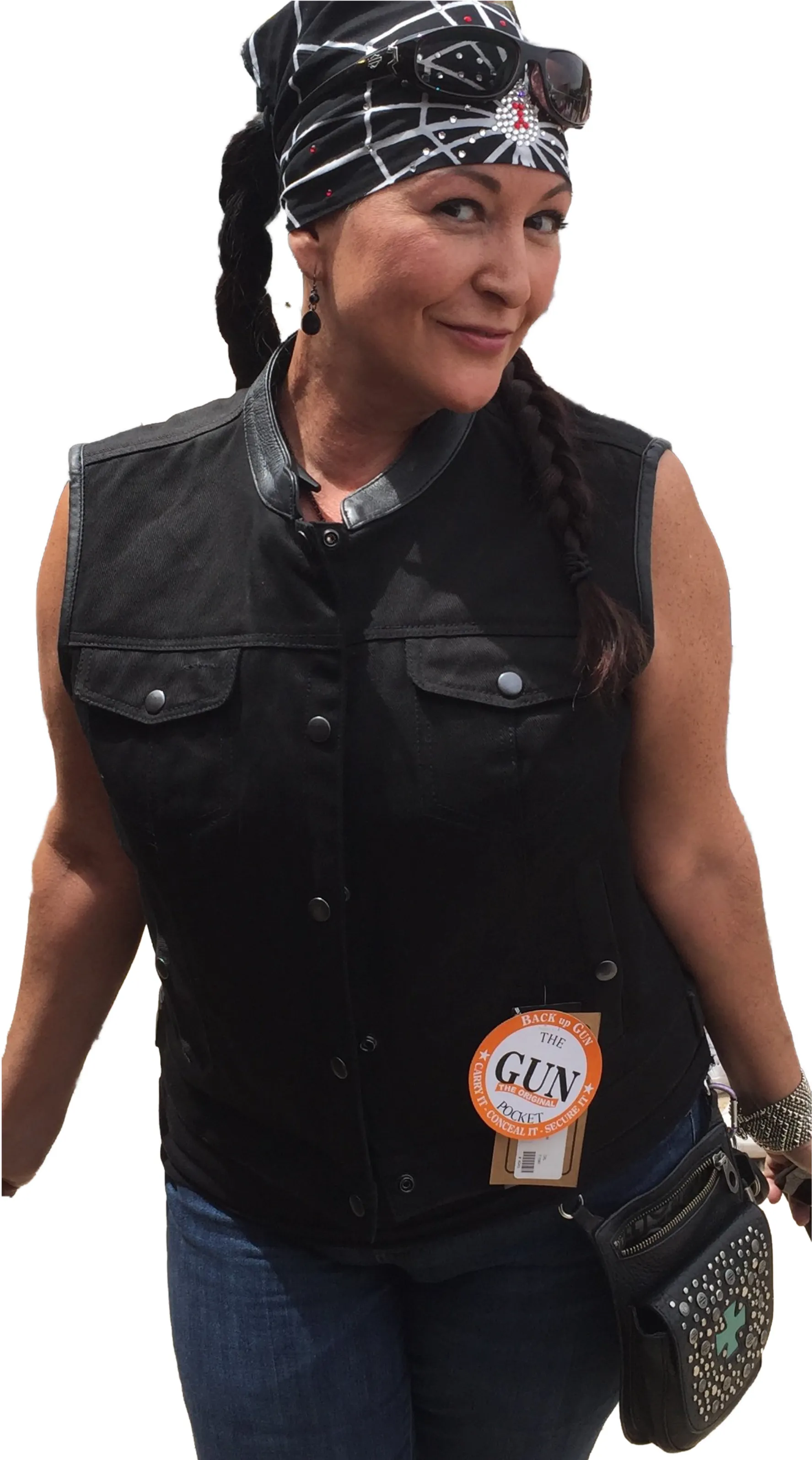 HL21580Black Womens Black Denim Motorcycle Club Vest