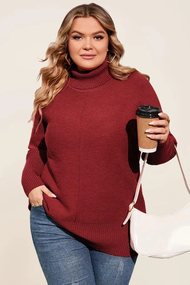 HN Women Plus Size Turtleneck Sweater Dropped Shoulder Side Slit Pullover