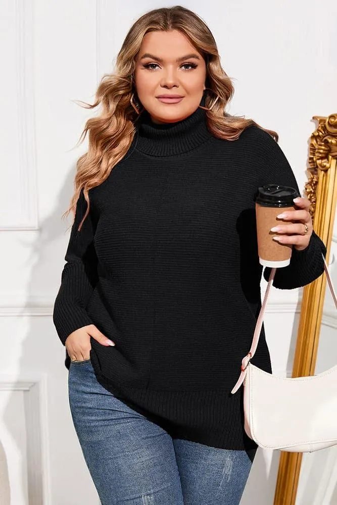 HN Women Plus Size Turtleneck Sweater Dropped Shoulder Side Slit Pullover