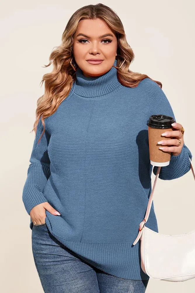 HN Women Plus Size Turtleneck Sweater Dropped Shoulder Side Slit Pullover