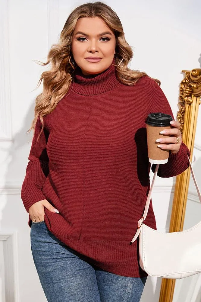 HN Women Plus Size Turtleneck Sweater Dropped Shoulder Side Slit Pullover