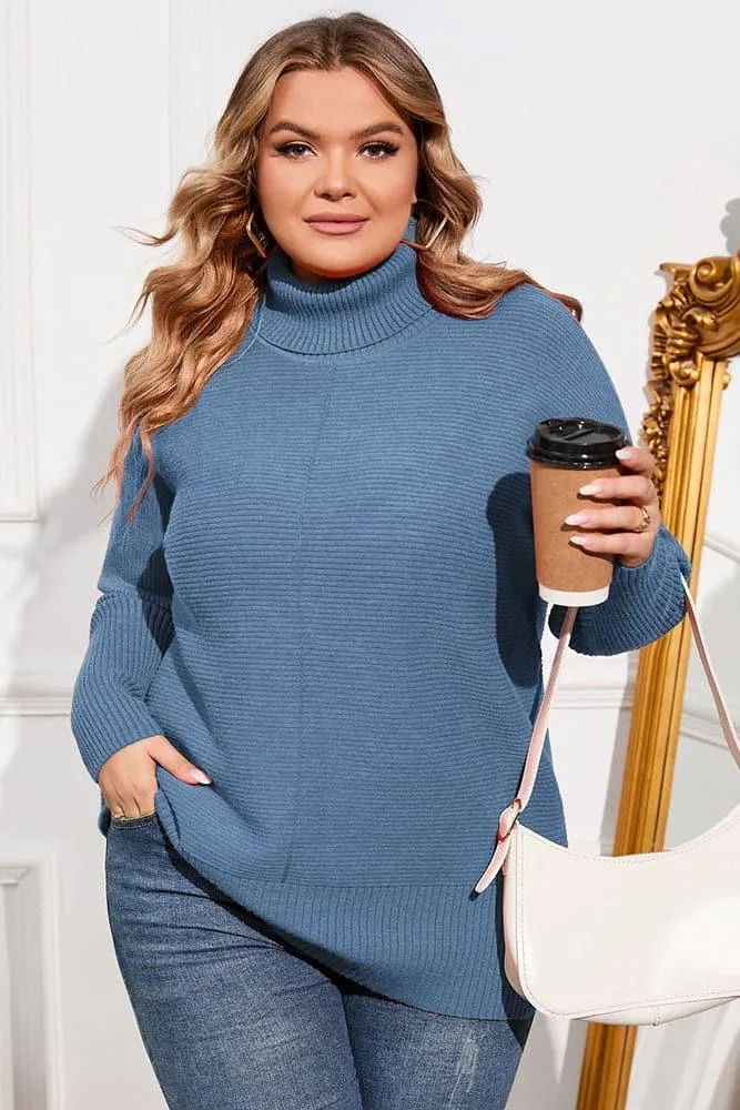 HN Women Plus Size Turtleneck Sweater Dropped Shoulder Side Slit Pullover