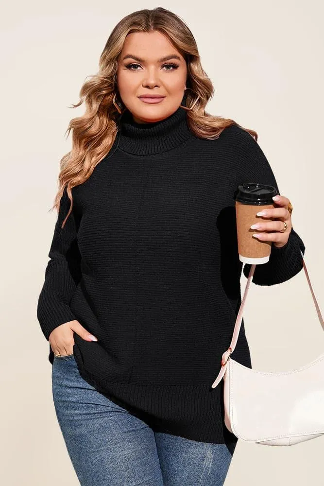 HN Women Plus Size Turtleneck Sweater Dropped Shoulder Side Slit Pullover