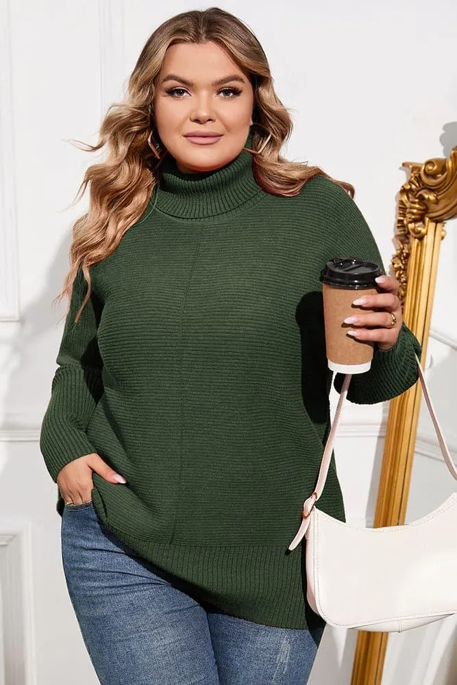 HN Women Plus Size Turtleneck Sweater Dropped Shoulder Side Slit Pullover