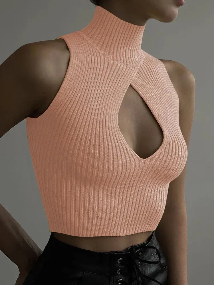 Hollow Turtleneck Sleeveless Crop Tops Women Tanks Cut Out Y2k Sexy Knitted Vest Spring 2023 Trendy Clothes C88-BF10