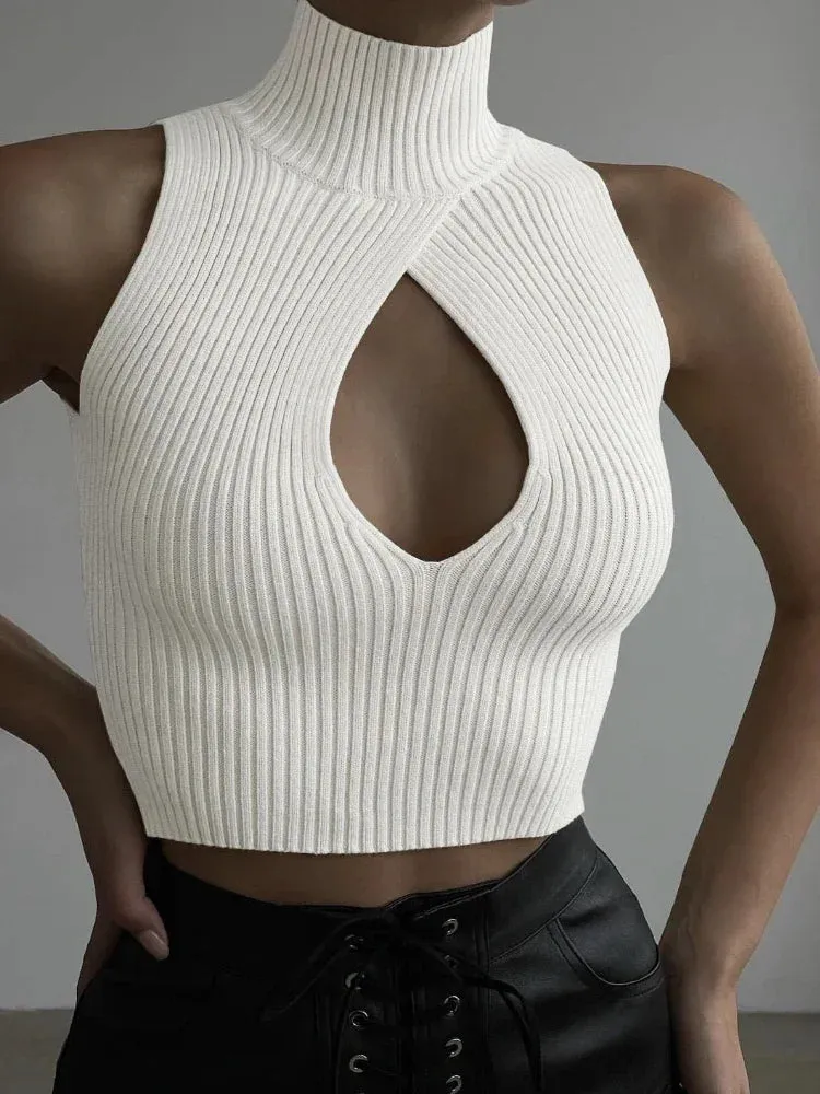 Hollow Turtleneck Sleeveless Crop Tops Women Tanks Cut Out Y2k Sexy Knitted Vest Spring 2023 Trendy Clothes C88-BF10