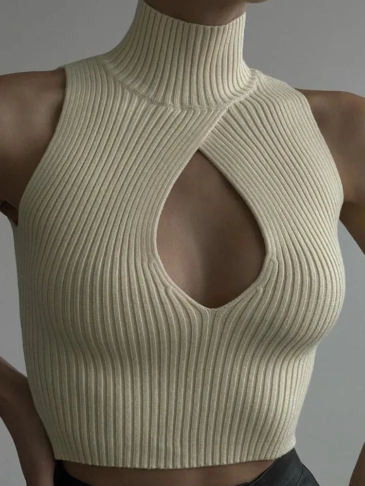 Hollow Turtleneck Sleeveless Crop Tops Women Tanks Cut Out Y2k Sexy Knitted Vest Spring 2023 Trendy Clothes C88-BF10