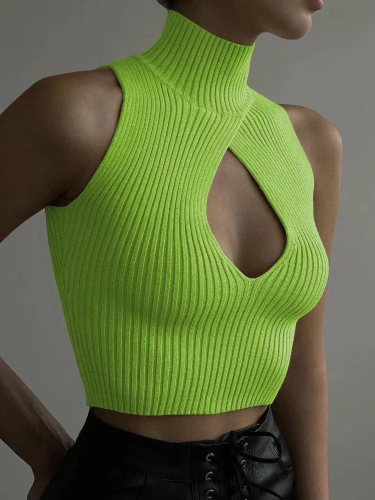 Hollow Turtleneck Sleeveless Crop Tops Women Tanks Cut Out Y2k Sexy Knitted Vest Spring 2023 Trendy Clothes C88-BF10