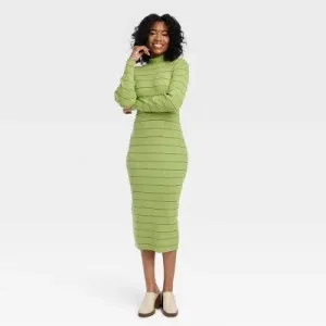 House of Aama Women's High Neck idi Knit Dress Long Sleeve, Green Striped,