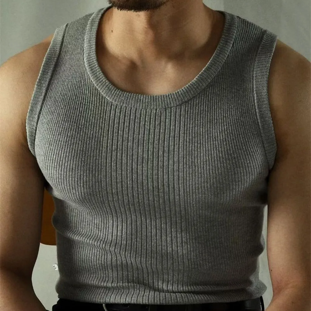 Ilooove Man Streetwear Casual Solid Knitted Vest Sports Gym Bottoming Shirt Summer Ribbed Tank Top Male Slim Crew Neck Sleeveless Tees